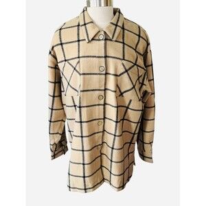 Innovation Sport Wm XL Beige Plaid Wool Blend Long Sleeve Button Up Shacket NEW